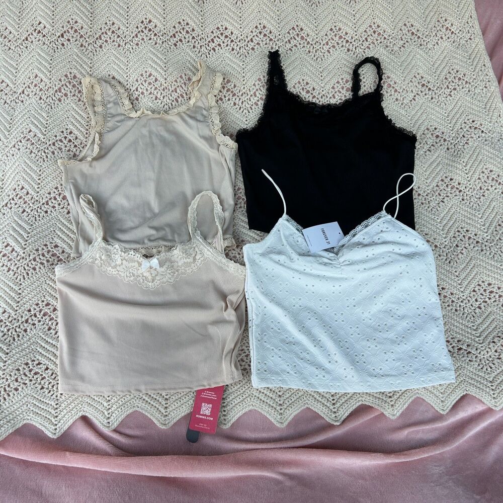 M Tank Bundle Lace Crochet Trim Basic Crop Preppy Boho Bows School Festival Rave